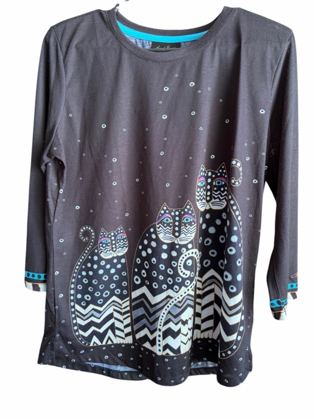 Laurel Burch Black Long Sleeve Cat Graphic Tee with Teal Accents